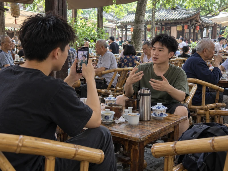 在成都茶馆用手机拍方言短视频