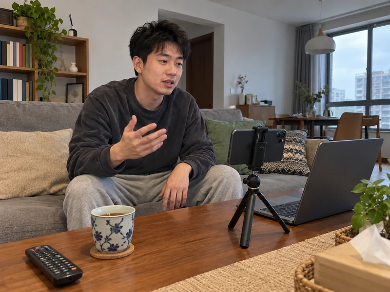 博主在客厅用手机和电脑制作口播视频